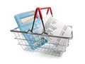 Shopping till receipt, calculator and shopping basket Royalty Free Stock Photo