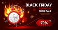 Shopping time clock. Last minute offer poster. Realistic burning alarm watch. Black Friday advertising. Sales and Royalty Free Stock Photo