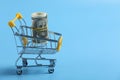 Shopping time. dollars roll in shopping cart on blue background. time is money. Time management concept. money in the basket.