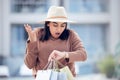 Shopping, time and Indian woman late in city with bag for time management, rushing and hurry. Retail, fashion and female Royalty Free Stock Photo