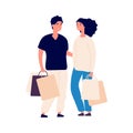 Shopping time. Isolated flat man woman with eco bags. People on store, cute cartoon couple and purchases vector Royalty Free Stock Photo