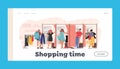 Shopping Time Landing Page Template. Young People in Fitting Room, Men and Women Trying on Closes in Changeroom Royalty Free Stock Photo