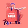 Shopping Tour Concept. Tiny Male Female Characters with Bag and Laptop at Huge Suitcase and Flying Airplane