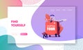 Shopping Tour Landing Page Template. Tiny Characters with Bag and Laptop at Huge Suitcase and Flying Airplane