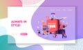 Shopping Tour Landing Page Template. Tiny Characters with Bags and Trolley around of Huge Suitcase