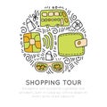 Shopping tour vector icon hand draw cartooning concept. Credit cart, bus, wallet, glasses icons in one round form with