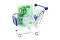 Shopping trolley with 100 euro notes isolated Royalty Free Stock Photo