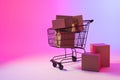 Shopping trolley with boxes and copy space over neon purple background