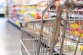 Shopping trolley cart with shallow DOF against supermarket aisle background Royalty Free Stock Photo