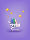 Shopping trolley with color books. Shopping cart with books. 3D Web Vector Illustrations Royalty Free Stock Photo