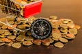 Shopping trolley and compass on group of coins