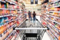 Shopping trolley in department store with goods shelf background Royalty Free Stock Photo