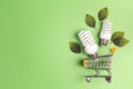 Shopping trolley with energy saving lightbulb and copy space. Royalty Free Stock Photo