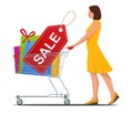 Shopping trolley or full of colorful gift boxes. Shopping carts full of shopping bags and gift boxes. Concept of discoun Royalty Free Stock Photo