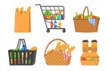 Grocery store, shopping trolley, basket with food Royalty Free Stock Photo