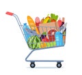 Shopping trolley full of food, fruit, products, grocery goods. Grocery shopping cart. Buying food in supermarket. Vector
