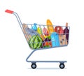 Shopping trolley full of food, fruit, products, grocery goods. Grocery shopping cart. Buying food in supermarket. Vector Royalty Free Stock Photo