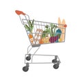 Shopping trolley full of food, fruit, products and grocery goods. Natural food, organic fruits and vegetable. Department store Royalty Free Stock Photo