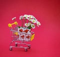 Shopping trolley, gift bag, chamomile flowers on red background Royalty Free Stock Photo