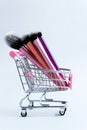 Shopping trolley with make-up products and brushes over white background Royalty Free Stock Photo