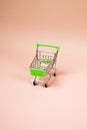 Shopping trolley on pastel background, metallic small shopping cart on pink. Shopping concept