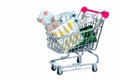 Shopping trolley with pills and medicine isolated on white. Royalty Free Stock Photo