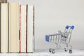 Shopping trolley and several paper books standing upright. Space for text on top Royalty Free Stock Photo