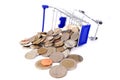 Shopping trolley or Shopping cart full of coins money isolated o Royalty Free Stock Photo