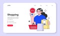 Shopping web banner or landing page. Customer using digital coupons