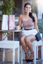 Shopping, weekend and portrait of a woman with coffee from a cafe, relaxing and enjoying a drink. Smile, happy and young Royalty Free Stock Photo