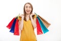 Shopping woman holding colorful bags and smiling on white background with copy space. Royalty Free Stock Photo