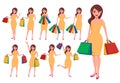 Shopping woman vector character set. Fashion girls cartoon characters