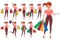Shopping woman vector character set. Girl cartoon character holding shopping bags Royalty Free Stock Photo
