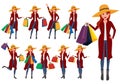 Shopping woman vector characters set. Girl shopper cartoon character Royalty Free Stock Photo