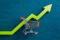 Shoppingcart green up arrow, sales and revenue growth concept