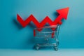 Shoppingcart red arrow symbolizes retail growth, rising prices