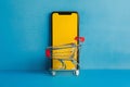 Shoppingcart smartphone against vibrant blue backdrop