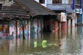 Shops and buildings are submerged in the flood water