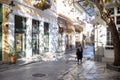 Shops closed at Plaka Adrianou street, COVID 19 lockdown, Athens city center, Greece Royalty Free Stock Photo