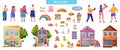 Shops facades flat vector colorful illustrations set