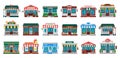 Shops facades. Laundry building, hardware store facade and pharmacy shop flat vector set