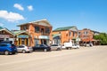 Shops near market on street in Abinsk city