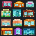 Shops and stores front icons set flat style. Vector illustration Royalty Free Stock Photo