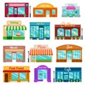 Shops and stores front icons set flat style. Vector illustration Royalty Free Stock Photo