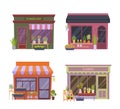 Shops on street. retail boutique for flowers bakery products urban coffee and little stores outdoor exteriors. Vector