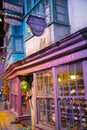 Shops windows display with magic objects in Diagon Alley from Harry Potter film. Warner Brothers Studio. UK Royalty Free Stock Photo