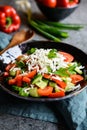 Shopska Salad - Bulgarian salad with tomato, cucumber, pepper, scallion, parsley and cheese Royalty Free Stock Photo