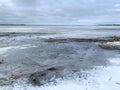 Shore of Beloye White lake in abnormally warm winter of 2020 year. Belozersk, Vologda region, Russia