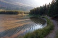 Grassy shore of Fishercap Lake in Glacier National Park in Montana USA