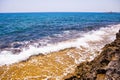 Sea coast on the background of a stone shore with a rising wave Royalty Free Stock Photo